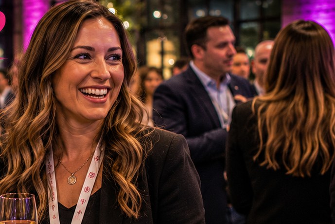 A woman laughing and connecting with someone at a Social Someone event