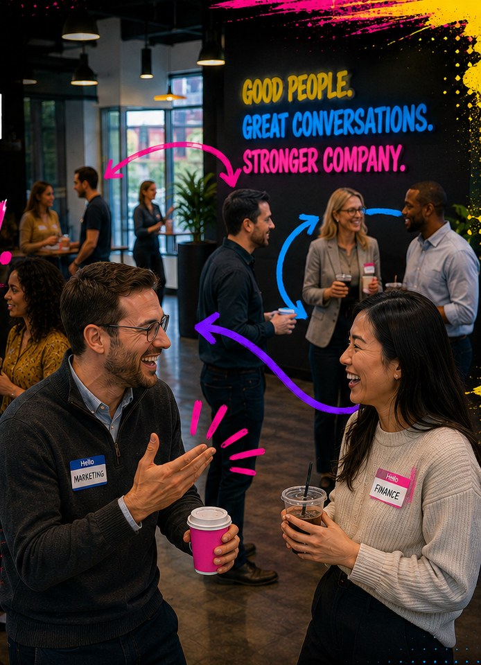 A man and woman laughing and talking together in a modern office hallway