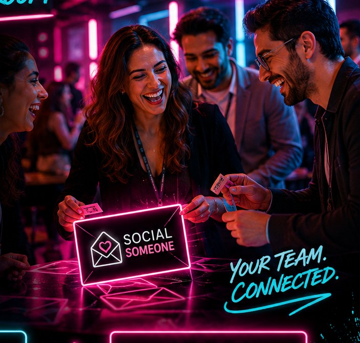 Coworkers laughing together and connecting at a Social Someone corporate event