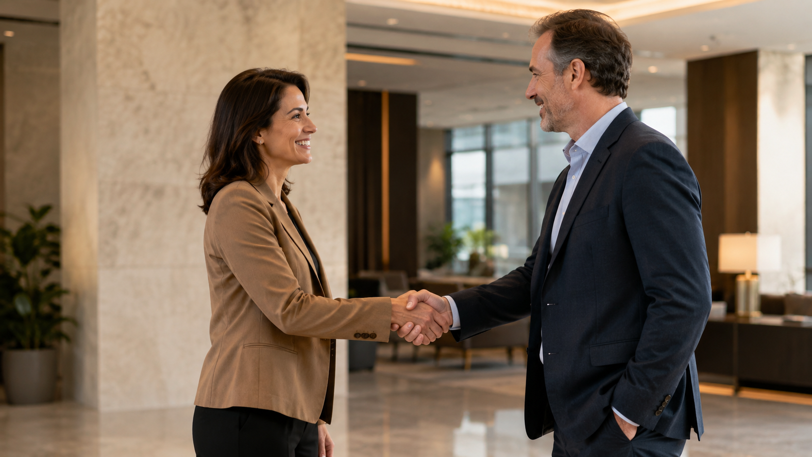 Two business professionals shaking hands after a successful introduction