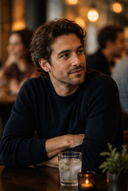 A person comfortably observing at a social table before joining in