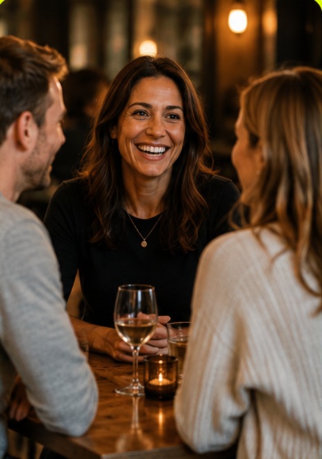 A person naturally chatting with two others at a social event