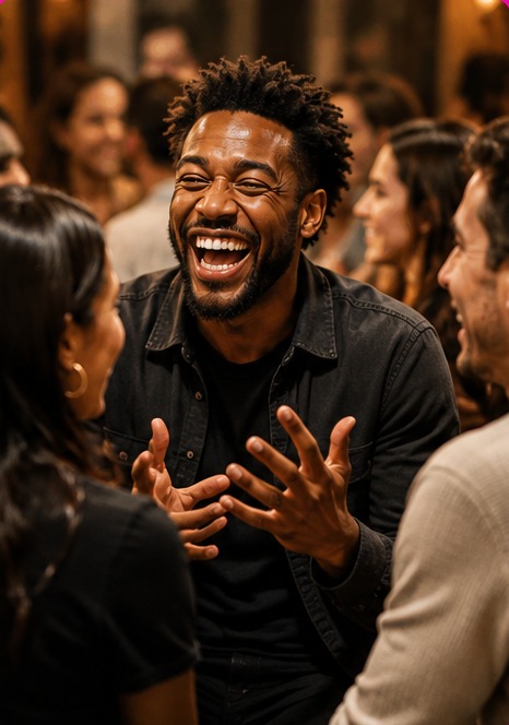 A very social person laughing and talking animatedly with a group