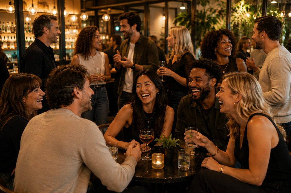 A lively group of adults laughing together at a social venue