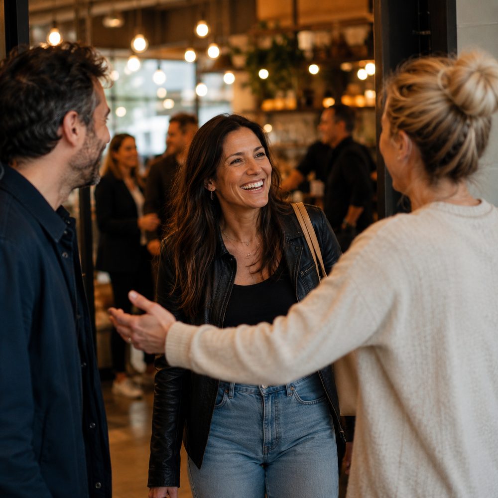 A woman being warmly greeted at the entrance of a social event