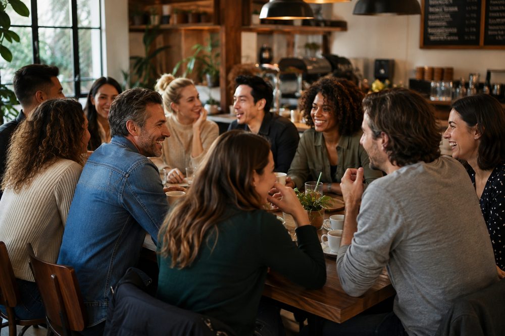 A happy group of adults talking and laughing together at a café