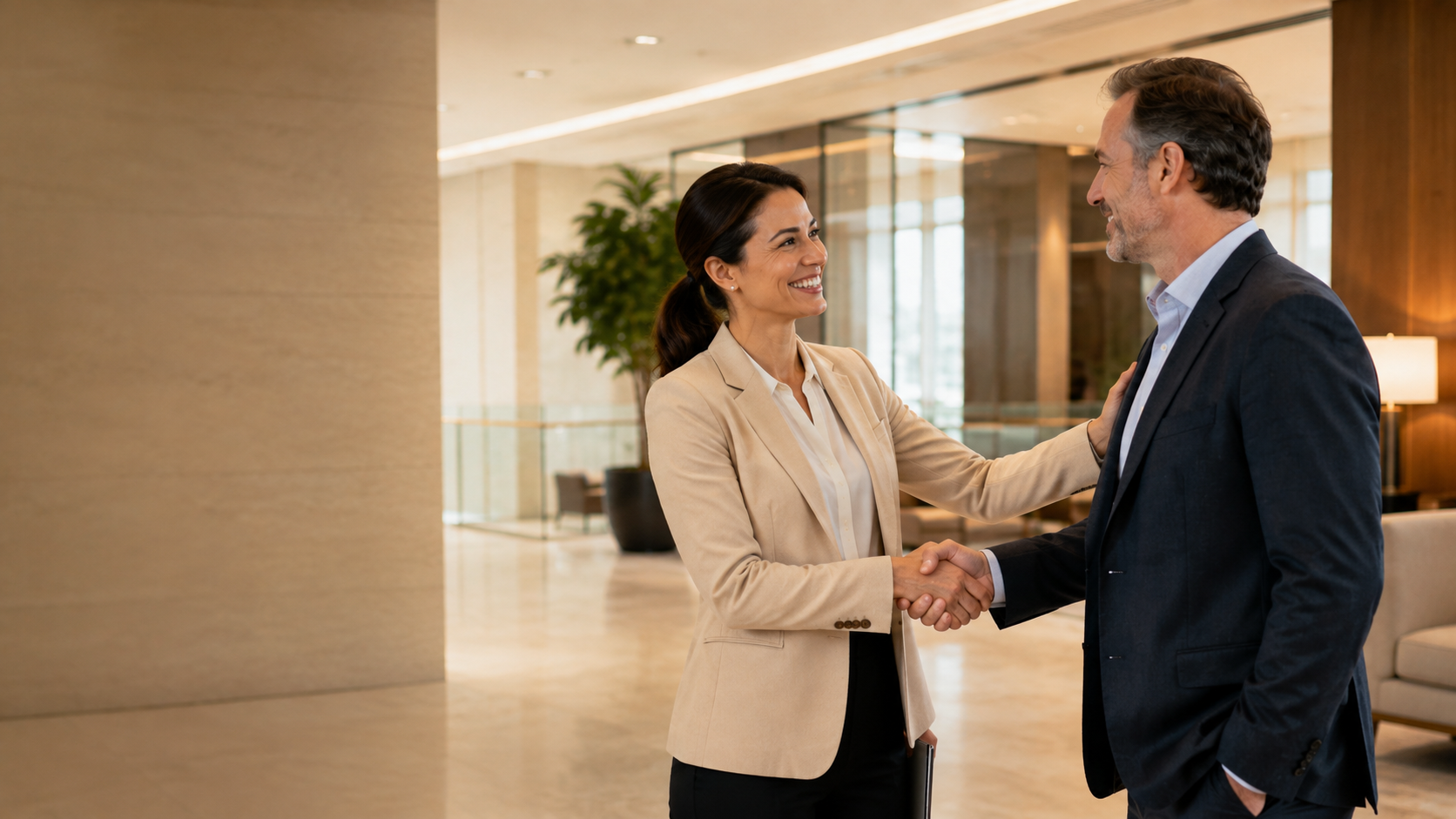 Two people smiling and shaking hands